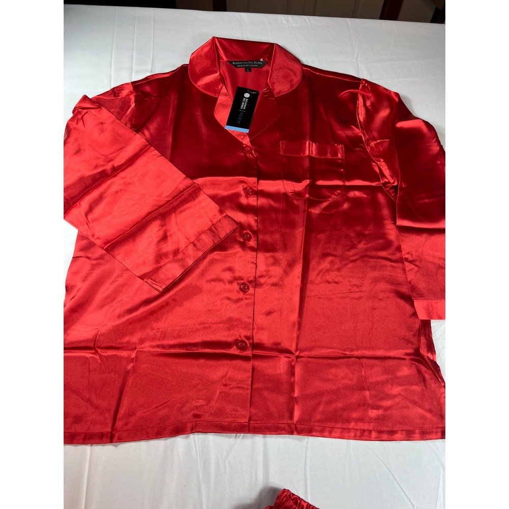ALEXANDER DEL ROSSA 3pc Pajama Set Women L Red Satin Button Down Sleepwear NWT - Picture 7 of 13